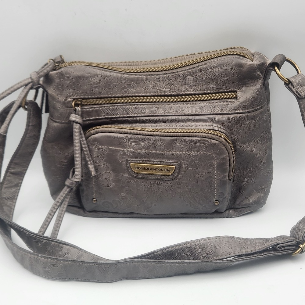 Stone Mountain Gray Faux Leather Crossbody Purse Zip Pockets Adjustable Strap